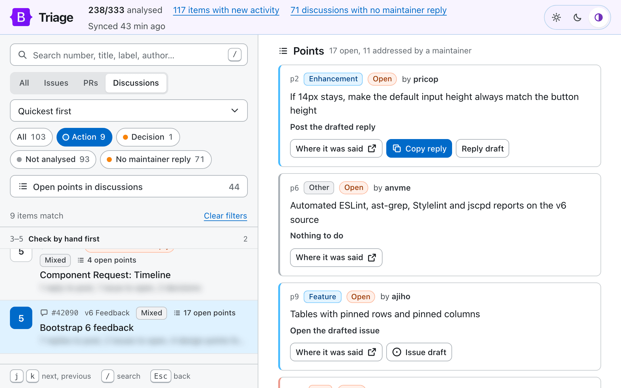 The Bootstrap 6 feedback discussion broken into individual open and addressed points, each linked to its author and next action.