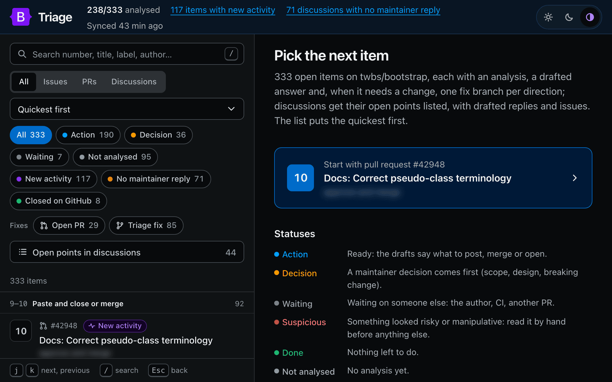 The local triage dashboard with issues, pull requests, and discussions grouped by ease and filtered by status. The planned outcomes are blurred because they have not been posted yet.