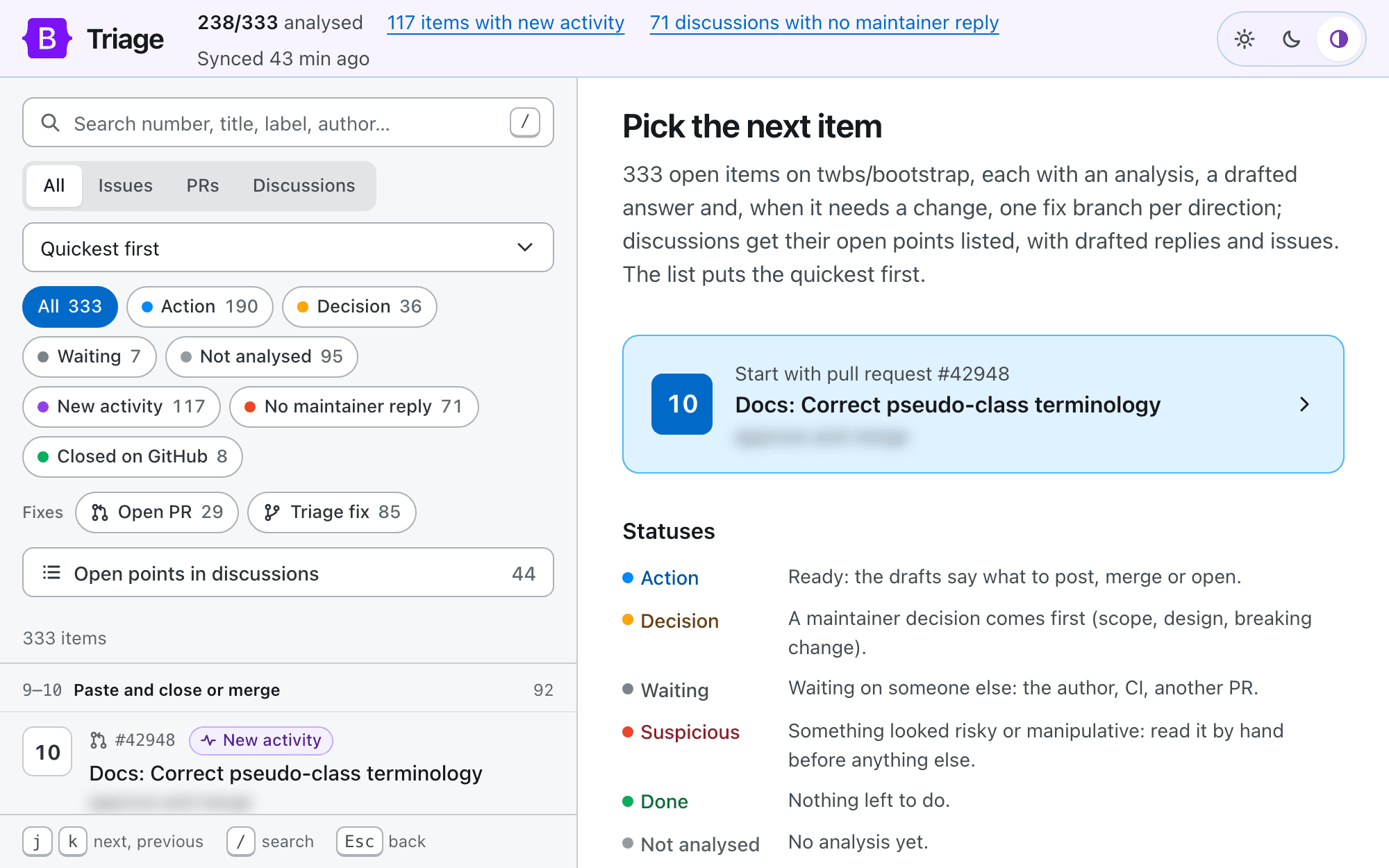 The local triage dashboard with issues, pull requests, and discussions grouped by ease and filtered by status. The planned outcomes are blurred because they have not been posted yet.